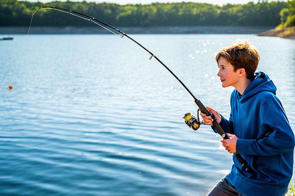 Teen casting a spinning rod toward open water during a bright morning at a New York reservoir