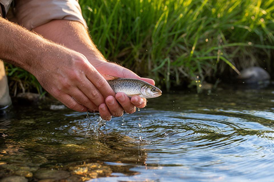Angler gently releasing a small fish back into shallow water beside a grassy bank