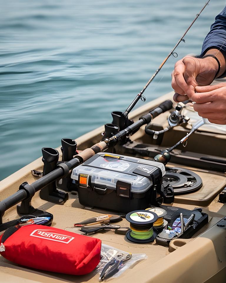 Angler rigging a kayak for striped bass with rod holders, compact tackle boxes and safety gear on deck