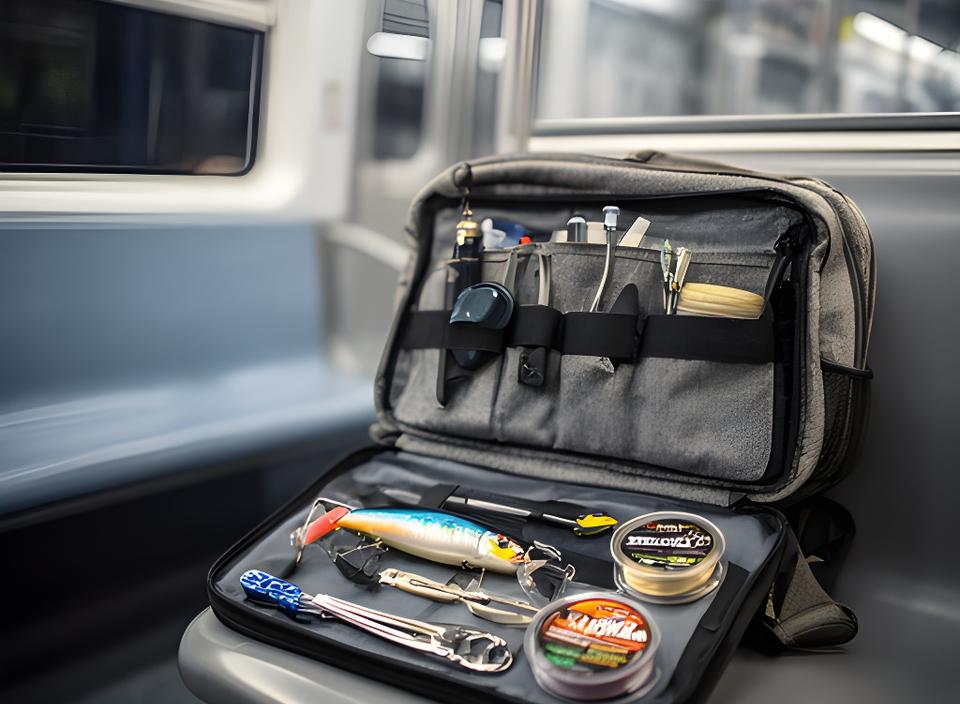 Portable fishing kit with lures, line, and tools packed beside a subway seat bag