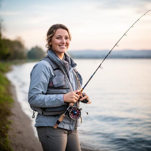 Lena holding a fly rod beside a calm New York shoreline with soft morning light